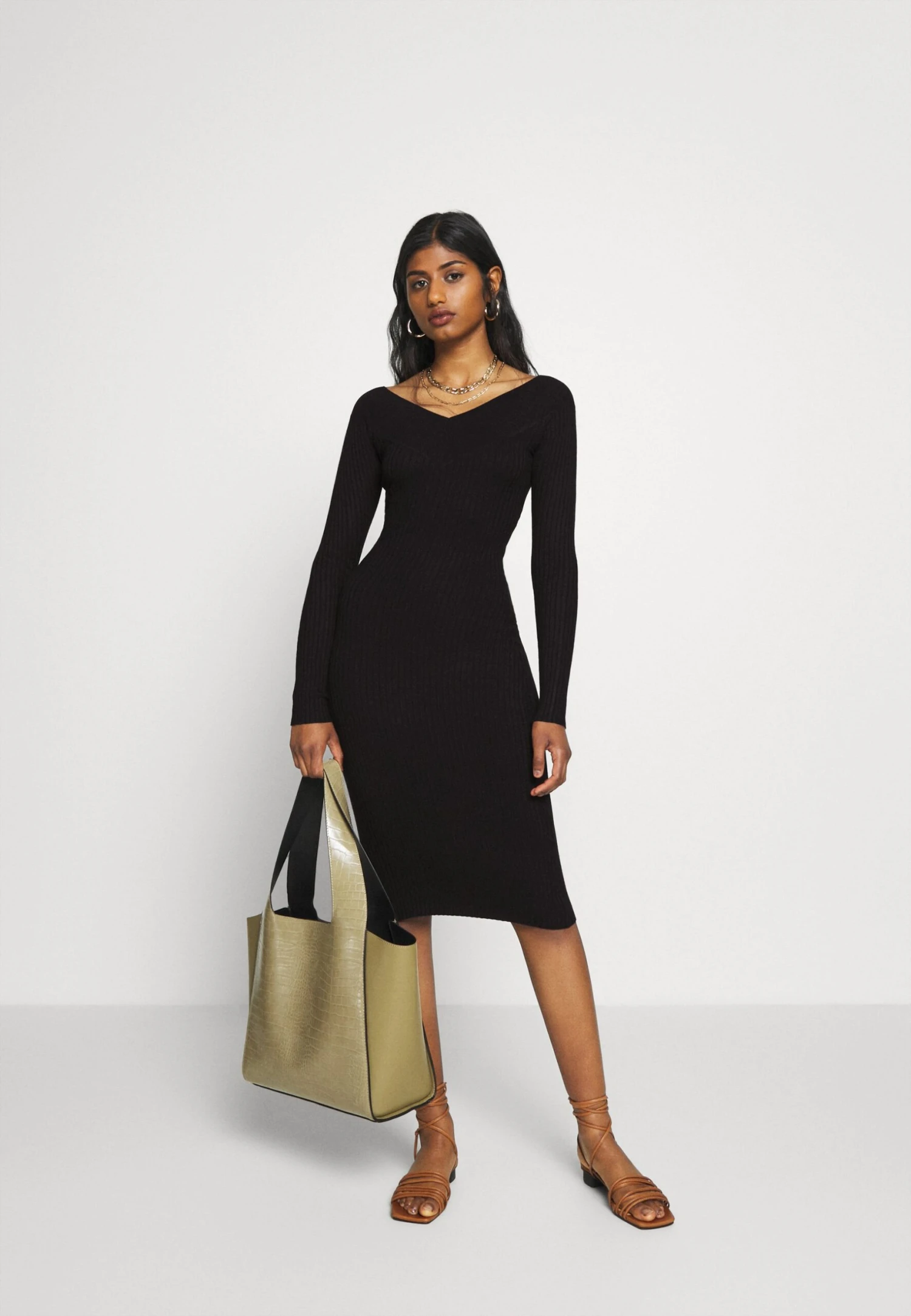 V Ausschnitt Ripp Mini Bodycon Strickkleid - Etui-Jurk - Black 2 V Ausschnitt Ripp Mini Bodycon Strickkleid - Etui-Jurk - Black - Afbeelding 2